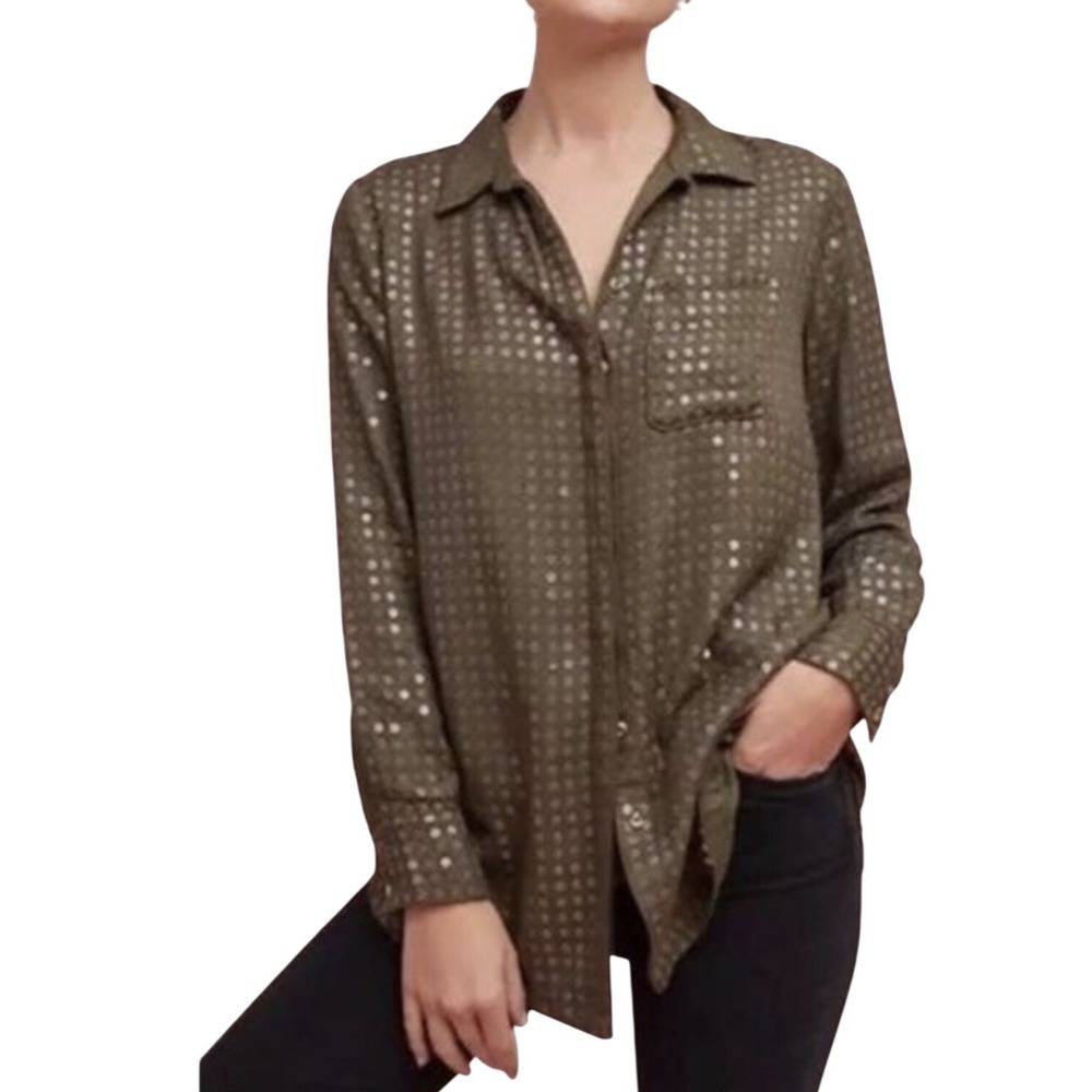 Maeve Anthropologie Olive Sequin Dot Concealed Button Rayon Blouse Women's XS